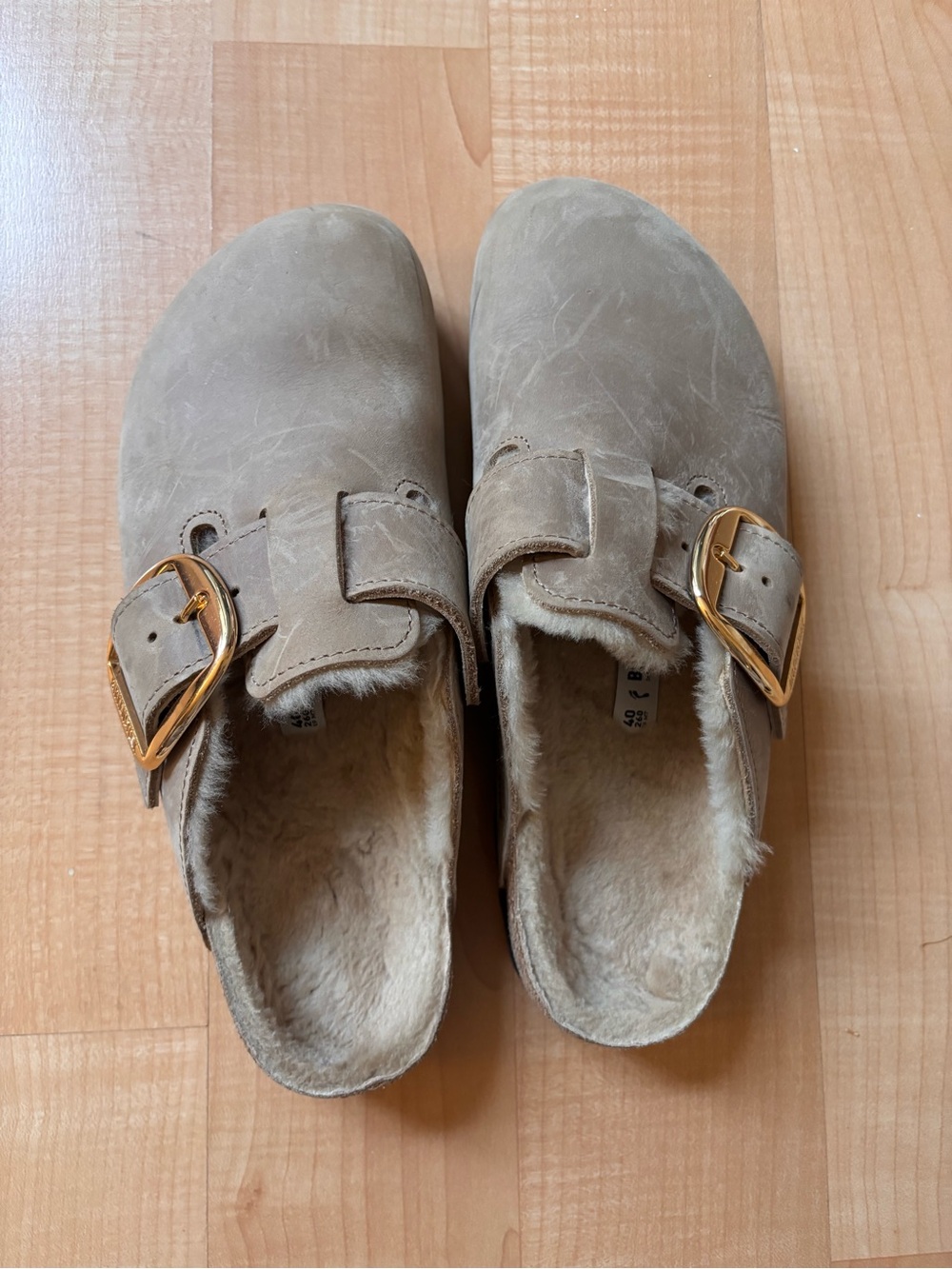 Birkenstock Taupe Shearling-Lined Slip-On Clog with Gold Buckle